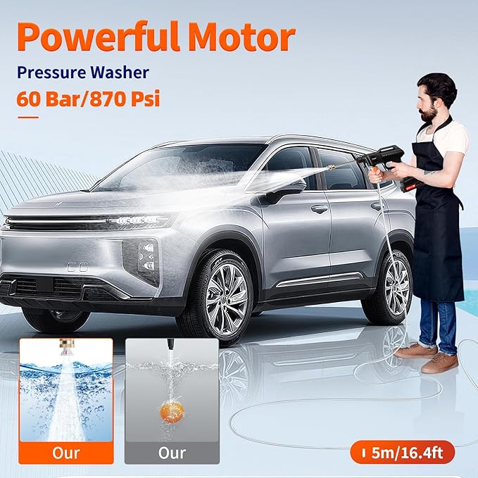 Battery Pressure Washer,1500w Cordless Portable Pressure Washer, 60Bar/870 PSI Portable car Washer with 2 Battery, 2 Nozzles, 5m Hose Cordless Jet Washers, for Cars, Floors, Gardens