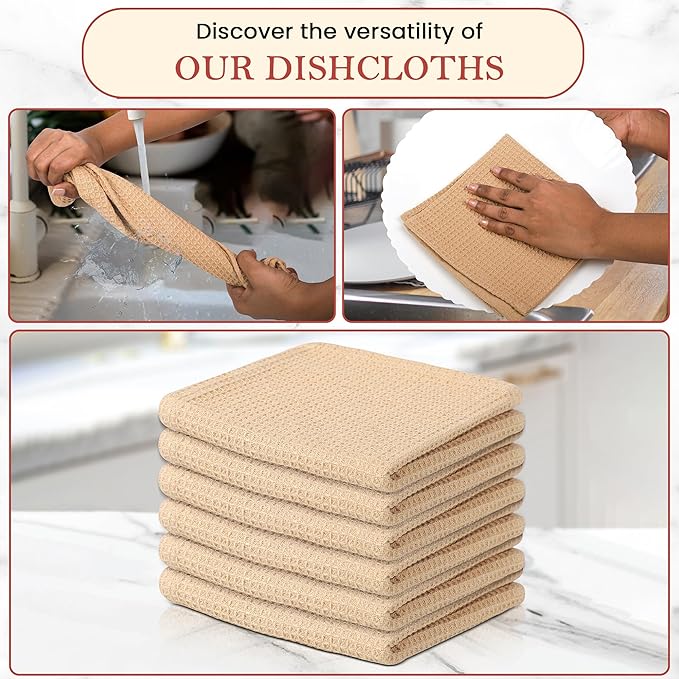 Vintage Vista 100% Cotton Waffle Dish Cloths (Pack of 6) - Dish Rags for Washing Dishes - Reusable & Highly Absorbent Kitchen Towels - Kitchen Rags for Christmas - (12" x 12" - Beige)