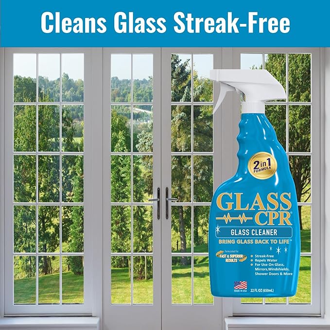 CPR Glass 2-in-1 Glass Cleaner & Water Repellent (22oz) + 2 Microfiber Applicator Towels | Deep Cleaning for Glass, Mirrors, Windows, Windshields, Shower Doors