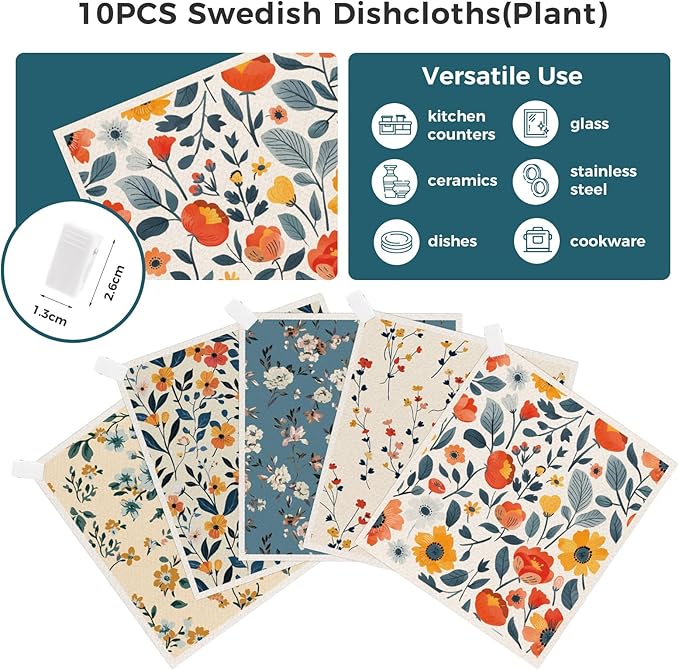 Swedish Dishcloths, 10PCS Reusable Soft Kitchen Towels Dish Cloths Set with Clips, Non-Scratch Dish Rags for Washing Dishes, Washable Swedish Dish Cloths for Kitchen, No Odor(Plant)