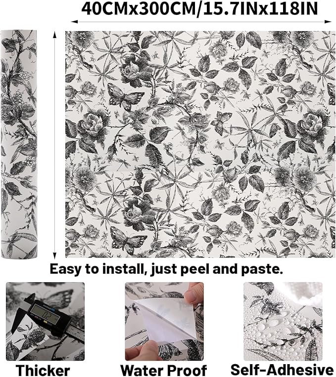 Drawer Liner Contact Paper for Dresser Peel and Stick Wallpaper Sketched Design 15.7x118in Self Adhesive Removable Dark Black Maroon Rose Floral Butterfly Vintage Cabinet Shelf Renter Friendly