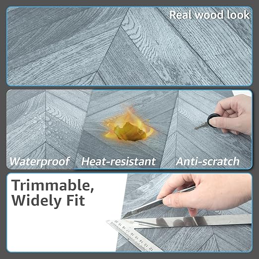 Art3d 30-Pack Herringbone Peel and Stick Vinyl Floor Tiles, 12" x 12" Self Adhesive Waterproof Wood Flooring Plank for Kitchen Bathroom Bedroom, Cover 30 Sq. Ft, Grey