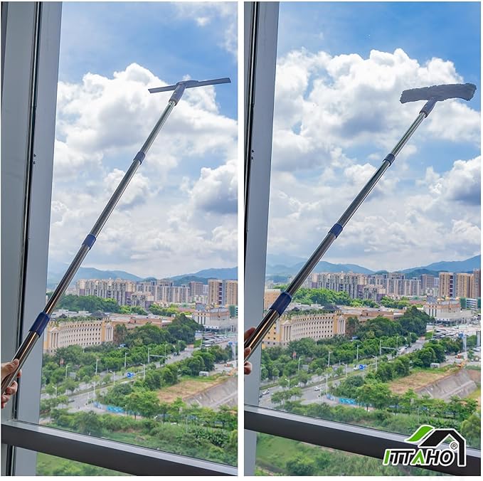 ITTAHO 81" Window Squeegee Cleaner, Window Cleaning Tool Kit,12" Squeegee and 11" Microfiber Scrubber Combi with Stainless Steel Pole for Car,Sliding Door,Shower Glass Door-Swivel Style-2 Pads