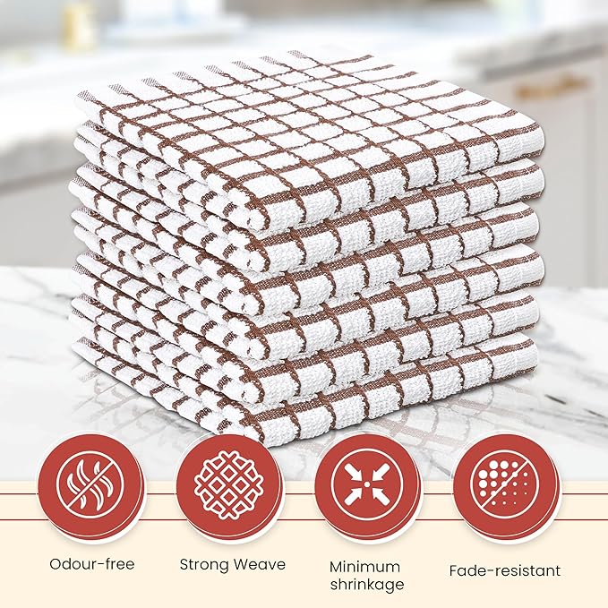Vintage Vista 100% Cotton Dish Cloths (Pack of 6) - Dish Rags for Washing Dishes - Reusable & Highly Absorbent Kitchen Towels - Kitchen Rags for Christmas - (12" x 12" - Natural Brown Checkered)