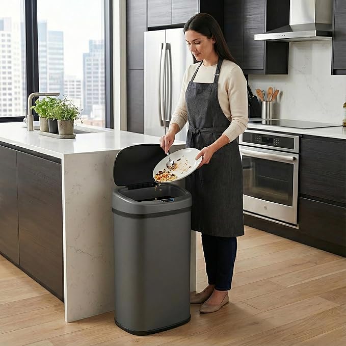 iTouchless 13 Gallon Oval Sensor Trash Can with Odor Filter, Automatic Motion Sensor Kitchen Bin, Slim Curved Soft-Close Gunmetal Gray, Dark Metallic Finish for Office & Garage
