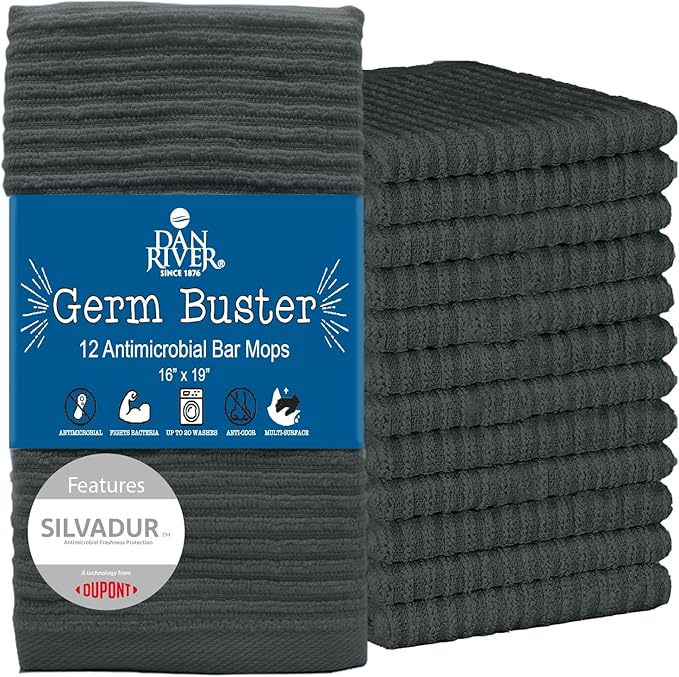 DAN RIVER Kitchen Bar Mops,Pack of 12,16 by 19 Inches,100% Cotton Super Absorbent,Multi-Purpose Cleaning Towels for Home and Kitchen Bars-Grey