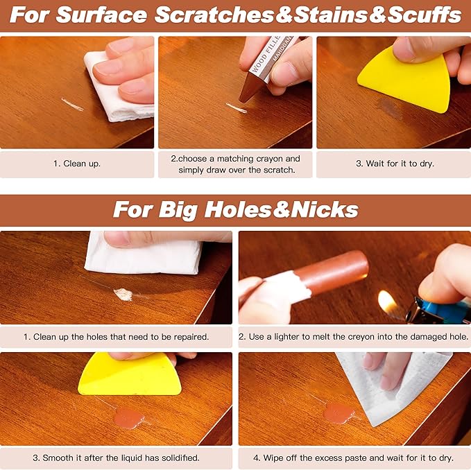 SEISSO Wood Furniture Scratch Repair Filler Sticks, 18 Colors Wax Sticks with Sharpener, Scratch/Dent/Crack/Mark/Stain Cover&Remover, Wood Touch Up Sticks for Floor, Table, Door, Cabinet (18 Color)