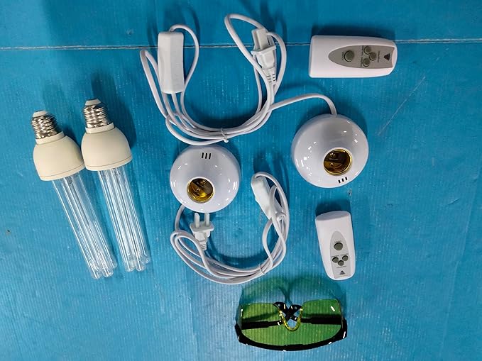 Qualirey 2 Pack 25 Watt UV Light Disinfection, UVC Light with E27 Base and Remote Control and UV Protection Glasses, Light Bulb for Basement/Bedroom/Kitchen, with Ozone