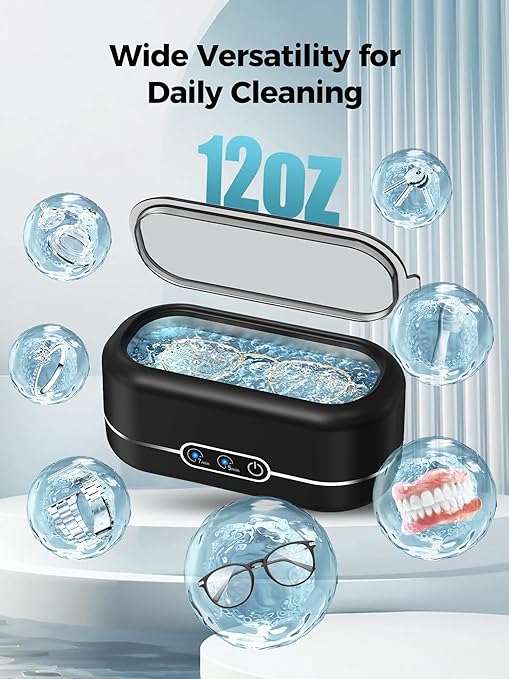 Ultrasonic Jewelry Cleaner, 48KHz Jewelry Ultrasonic Cleaner Machine for All Jewelry, Glasses, Rings, Retainers, Watch Strap, Dentures, 304 Stainless Steel 12oz Cleaning Pod - Black