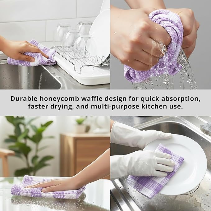 PurpleEssences Waffle Weave Plaid Dish Cloths, 100% Cotton, 12x12 Inch, Soft Absorbent Quick Drying Buffalo Check Dish Rags for Kitchen, 8 Pack, Christmas Holiday Winter - Lavender & White
