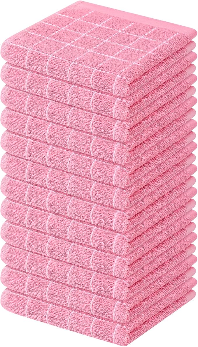 Mordimy 100% Cotton Terry Cloth Dish Cloths, Soft and Absorbent Checkered Dish Towels, Quick Drying Dish Rags for Washing Dishes, 12 Pack, 12 x 12 Inches, Pink