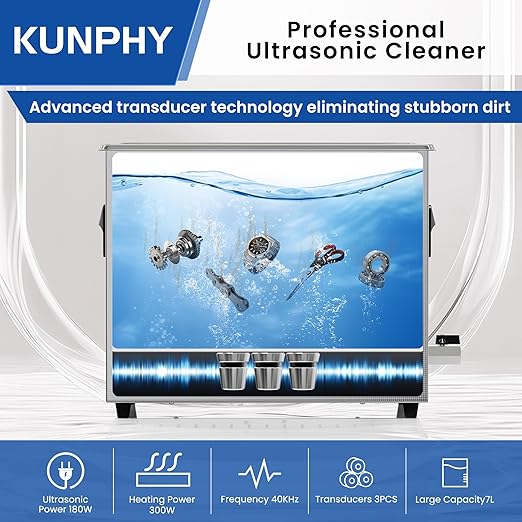 KUNPHY Ultrasonic Cleaner, 7L(1.85 gal) 40kHz Jewelry Cleaner Ultrasonic Machine with Heater, Degas & Timer, Stainless Steel Industrial Sonic Cleaner for Jewelry, Dentures, Glasses, Parts