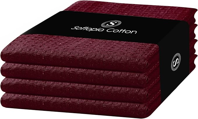 Burgundy Kitchen Towels – Waffle Weave, 100% Cotton, Soft & Absorbent, Fast Dry, Durable, 16x26 Inches, Perfect for Dish Drying, Bar, Cleaning, Hand Wipe and Everyday Use, Set of 4