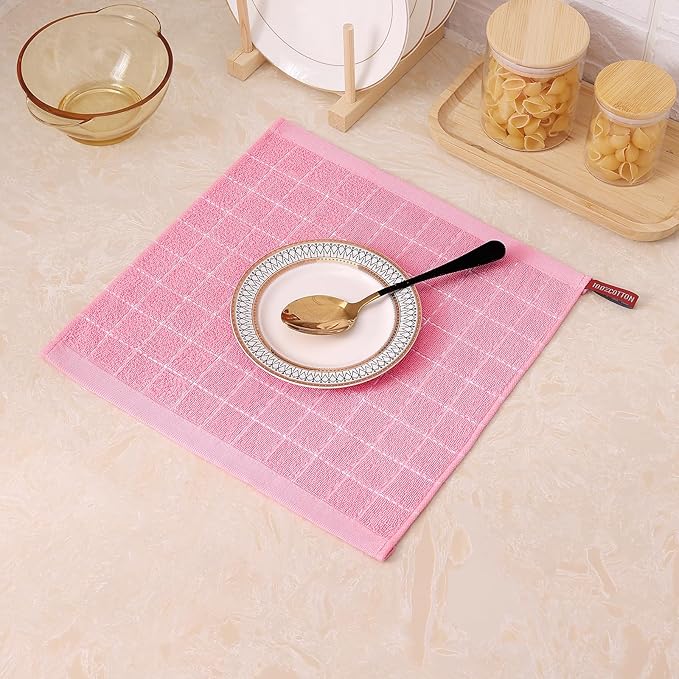 Mordimy 100% Cotton Terry Cloth Dish Cloths, Soft and Absorbent Checkered Dish Towels, Quick Drying Dish Rags for Washing Dishes, 12 Pack, 12 x 12 Inches, Pink