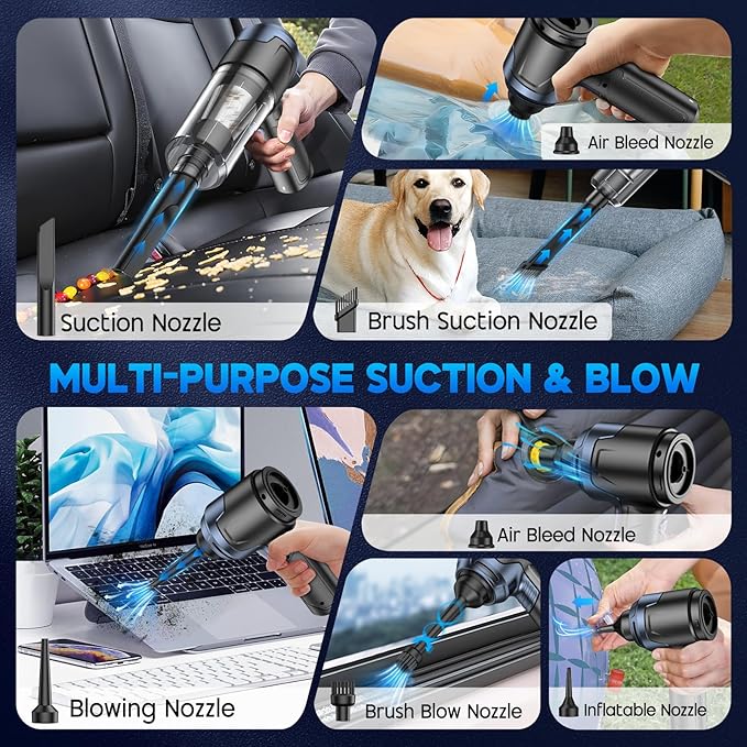 JONYJ Handheld Car Vacuum Cleaner, 16000PA Hand Held Vacuum Portable Cordless, 2 in 1 Air Duster and Vacuum Cleaner with LED Light, Multi-Nozzles, 120W High Power Mini Vacuum for Home, Pet, Office