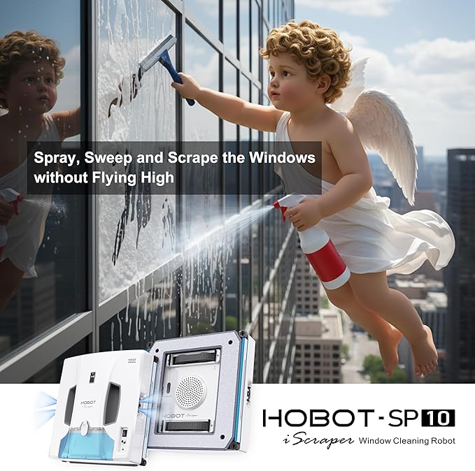HOBOT-SP10 iScraper Window Cleaning Robot, Spray-Sweep-Scrape, 6000Pa Suction, App + Remote Control, Framed/Frameless Glass, Indoor/Outdoor Use