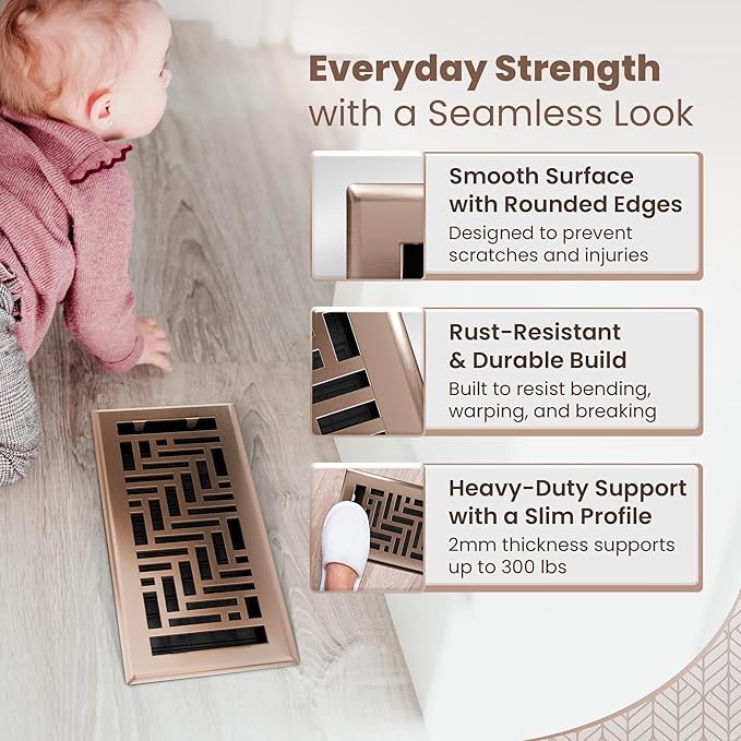 Floor Register 4x10 Vent Cover – Heavy-Duty Steel, Rustproof & Walkable Grates, Easy Drop-in Install, Adjustable Air Supply Switch - Decorative Herringbone Design, Satin Bronze