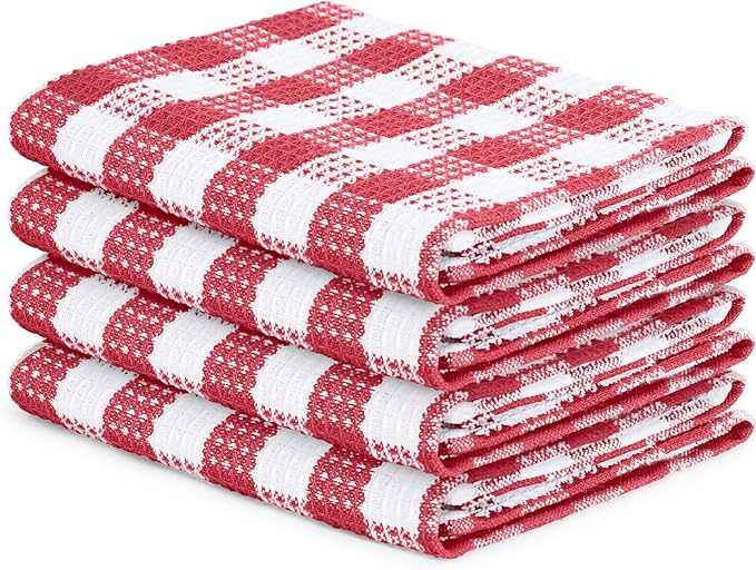 Blue Needles Waffle Weave Check Plaid Kitchen Towels, 15x25 Inches 100% Cotton Set of 4 Dish Towels for Kitchen, Soft & Absorbent for Quick Drying with Hanging Loop Spring Summer - Burgundy & White