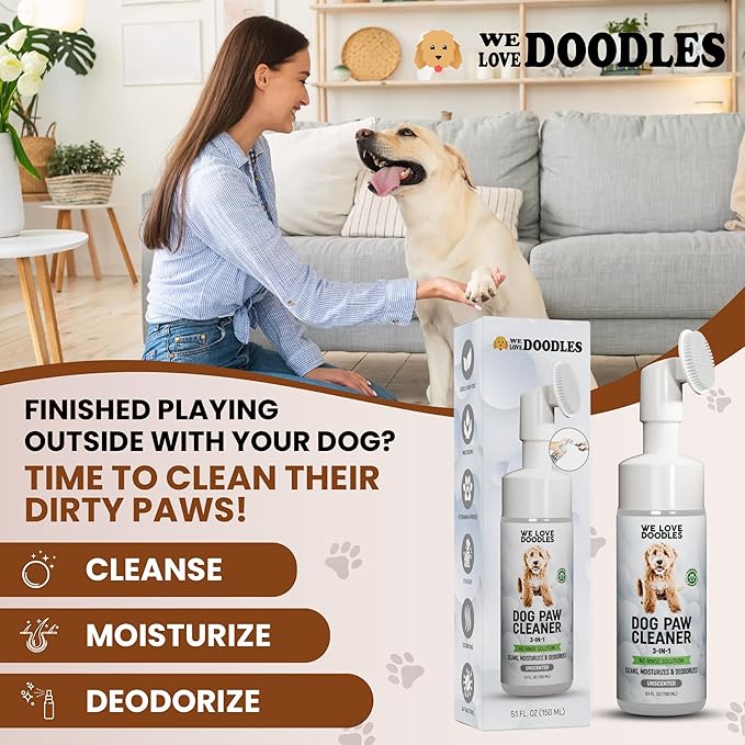 No-Rinse Dog Paw Cleaner with Built-in Silicone Bristle Brush | 3-in-1 Dirty Paw Washer Foaming Foot Cleaner for Muddy Pet Dogs & Cats | Gentle Moisturizing Waterless Shampoo - Unscented | 5 fl oz