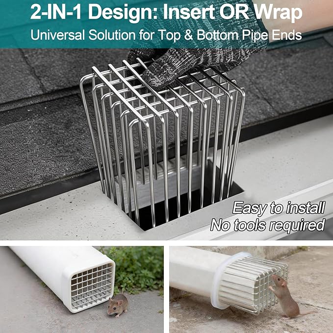 Gutter Guard 304 Stainless Steel Adjustable Downspout Filter - 4.7" L ×3.5" W ×4.7" H, Gutter Downspout Extensions Fits 3" x 4" Pipe, Flexible Opening for Leaves Debris & Outlet Filter Protection