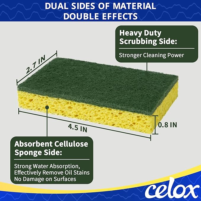 CELOX Sponges Kitchen Sponges for Dishes and Cleaning, 2-Sided Scrub Sponges Dish Sponge and Kitchen Sponge for Washing Dishes, Heavy Duty, Non-Scratch, Sinks, Household Use, Green and Yellow, 12-Pack