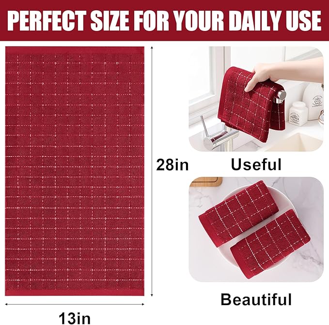 Homaxy 100% Cotton Terry Kitchen Towels(Brick Red, 13 x 28 inches), Checkered Designed, Soft and Super Absorbent Dish Towels, 12 Pack