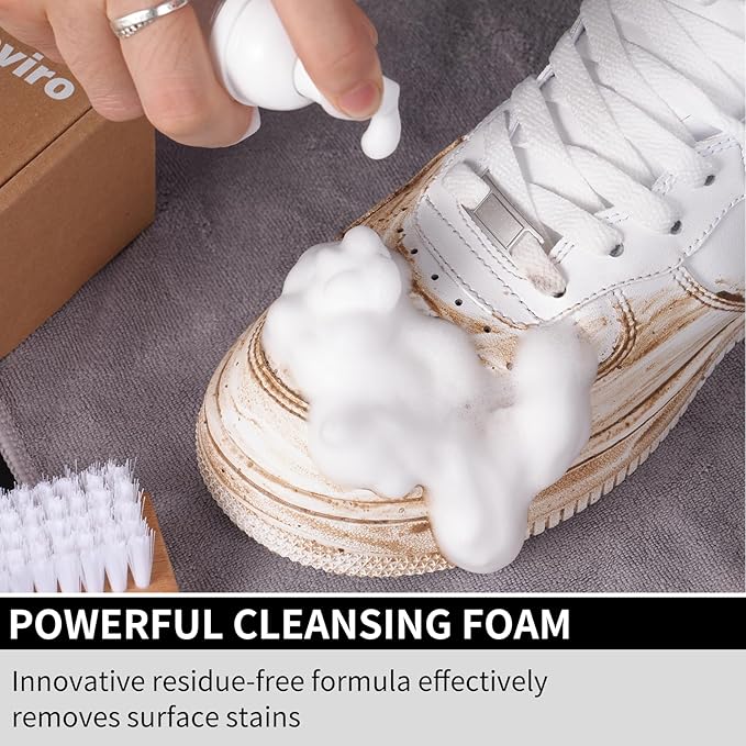 Henviro Shoe Cleaner Kit for Sneaker - 8.5 Oz Shoe Cleaning Kit with Shoe Brushes & Towel, White Shoe Sneaker Cleaner Kit, Suede Shoe Cleaner for Suede Mesh Leather Knit, and Most Materials