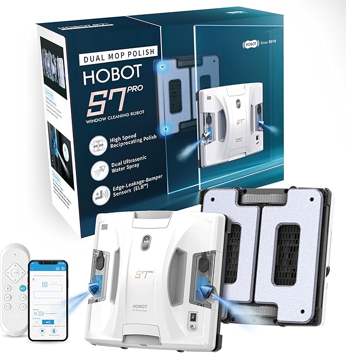 HOBOT S7 Pro Window Cleaning Robot | Dual Mop Polish Hand Wiping Technology, 15nm Ultrasonic Spray, 4800Pa Suction | Automatic Window Washer Robot for Framed/Frameless Glass, Indoor & Outdoor Use