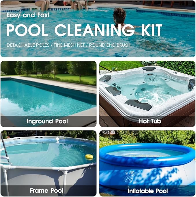 Pool Cleaning Kit Full Set - 17.5'' Self-Repair Pool Nylon Net Fine Mesh & 17.5'' Detachable Rounded End Pool Brush & 10 Ft Pool Pole, for Above Ground In-ground Pools, Spas, Hot Tubs
