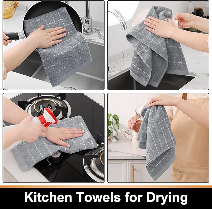 Mordimy 100% Cotton Terrycloth Kitchen Towels and Dishcloths Sets, Soft and Absorbent Checkered Dish Towels, Quick Drying Dish Rags for Washing Dishes, 4 Pack 12" x 12" & 4 Pack 12" x 12", Light Grey