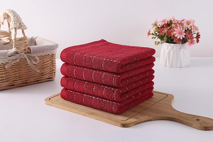 Homaxy 100% Cotton Terry Kitchen Towels(Brick Red, 13 x 28 inches), Checkered Designed, Soft and Super Absorbent Dish Towels, 12 Pack