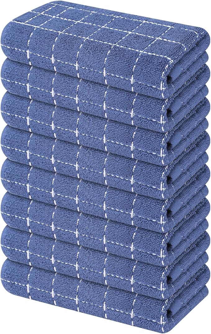 Mordimy 100% Cotton Terry Cloth Kitchen Towels, Super Soft and Absorbent Dish Towels for Drying, Checkered Designed Hand Towels for Kitchen, 16 x 26 Inches, 8 Pack, Navy
