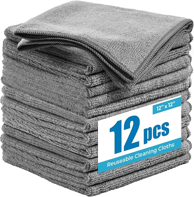 Microfiber Cleaning Cloth 12"X12" - 12 Pack Grey Lint Free Microfiber Towels for Cars - Extra Thick, Streak Free, Fast Absorbent - Reusable Multi-Purpose Housekeeping Rags for Cars