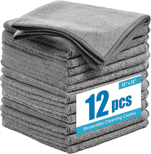 Microfiber Cleaning Cloth 12"X12" - 12 Pack Grey Lint Free Microfiber Towels for Cars - Extra Thick, Streak Free, Fast Absorbent - Reusable Multi-Purpose Housekeeping Rags for Cars