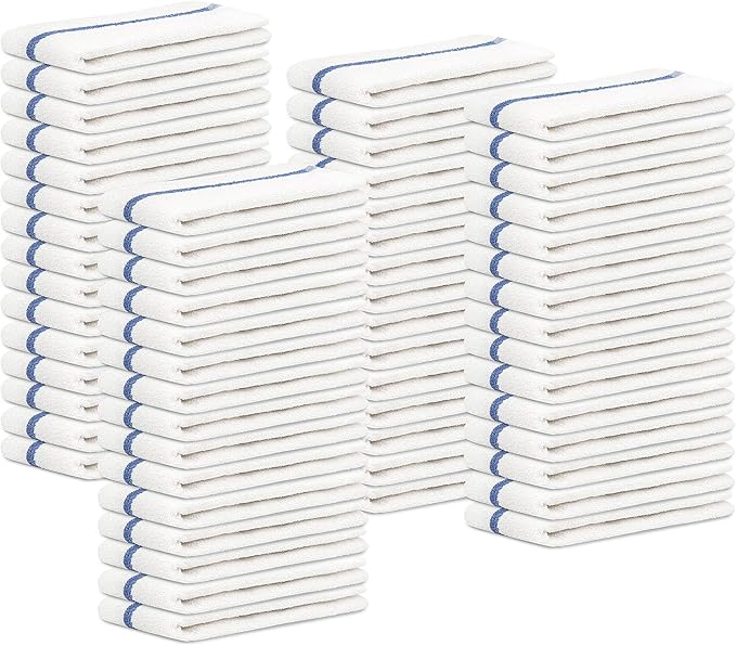 Bar Mops Blue Stripe Pack of 60 Kitchen Towels 16x19 Multi-Purpose for Home, Restaurant and Cleaning White Absorbent Washcloth Dishcloths Sets, Reusable Dish, Cloths Rags