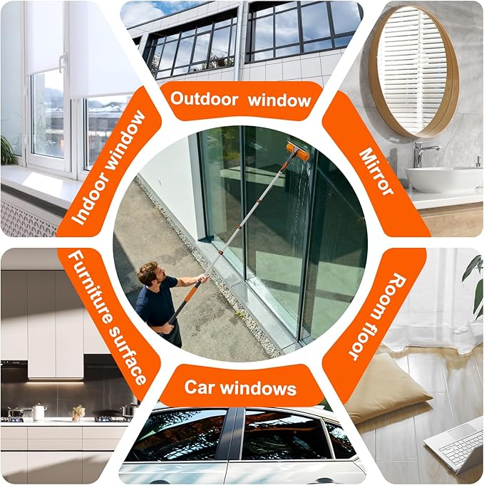 30FT Reach 2-in-1 Window Squeegee, Professional Window Washing Kit with 5-24FT Extension Pole for Home, Indoor Outdoor Squeegee with Rotatable Head for High Windows