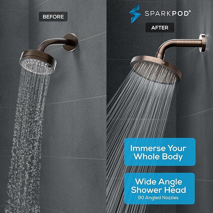 SparkPod Shower Head - High Pressure Rain - Premium Quality Luxury Design - 1-Min Install - Easy Clean Adjustable Replacement for Your Bathroom Shower Heads (Vintage Oil Rubbed Bronze, 8 Inch Round)