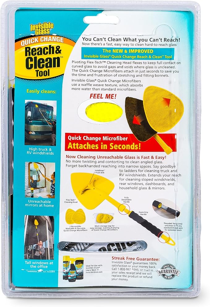 Invisible Glass 95160 Reach & Clean Glass Windshield Cleaner Tool Kit With Extendable Handle, (2) Reusable Quick Change Microfibers, and Storage Bag for Auto Windshield, Trucks, SUVs, RVs, and Windows