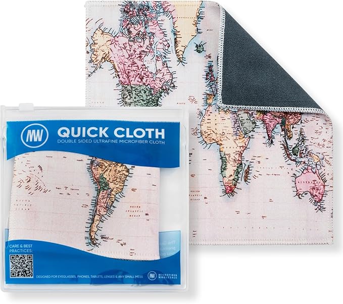 Quick Cloth Microfiber Glasses Cleaning Cloths – 8x8, World Map, 1 Pack with Case | Double-Sided Lens Cleaner for Eyeglasses, Camera, Screens & Glass | Reusable Microfiber Glass Polishing Cloths