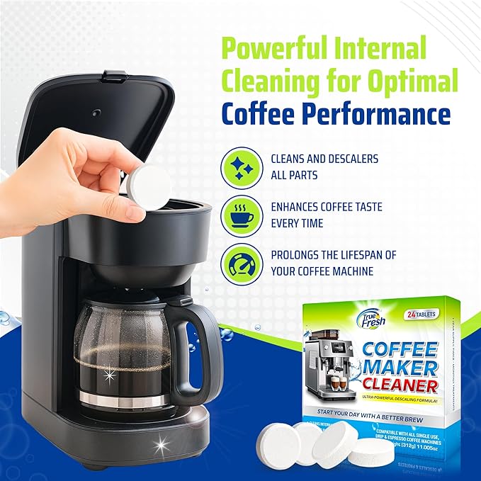 True Fresh Coffee Machine Descaler & Cleaner Tablets - 24 Count, 1 Year Supply, Deep Clean, Removes Limescale & Hard Water Buildup, for Keurig, Nespresso, Breville, Delonghi, Ninja, Miele, Jura Makers