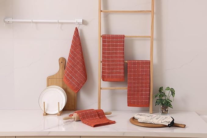 Homaxy 100% Cotton Terry Kitchen Towels(Rust, 13 x 28 inches), Checkered Designed, Soft and Super Absorbent Dish Towels, 4 Pack