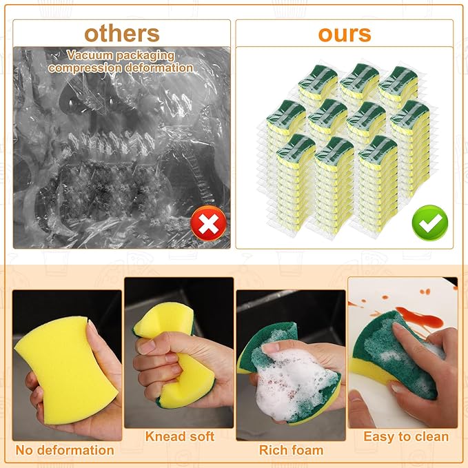 100 Pcs Individually Wrapped Sponges,Uncompressed Non Scratch Scrouing Sponges for Household Cleaning Dishes Kitchen Airbnb Apartment Car Bike