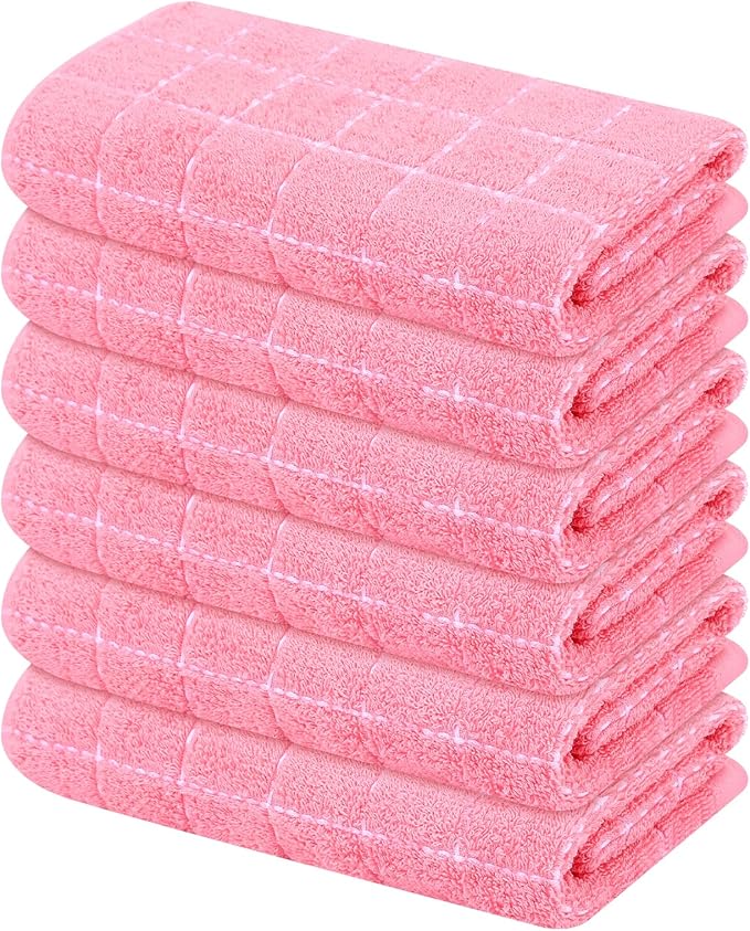 Mordimy 100% Cotton Terry Cloth Kitchen Towels, Super Soft and Absorbent Dish Towels for Drying, Checkered Designed Hand Towels for Kitchen, 16 x 26 Inches, 6 Pack, Pink