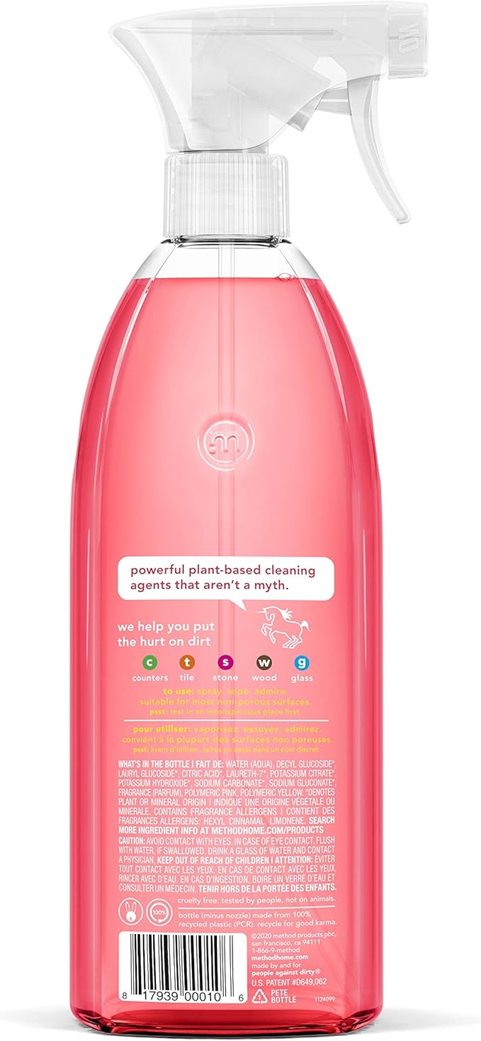 Method All-Purpose Cleaner Spray, Pink Grapefruit, Perfect for Most Counters, Tiles, Stone, and More, 28 oz Spray Bottles, (Pack of 8)