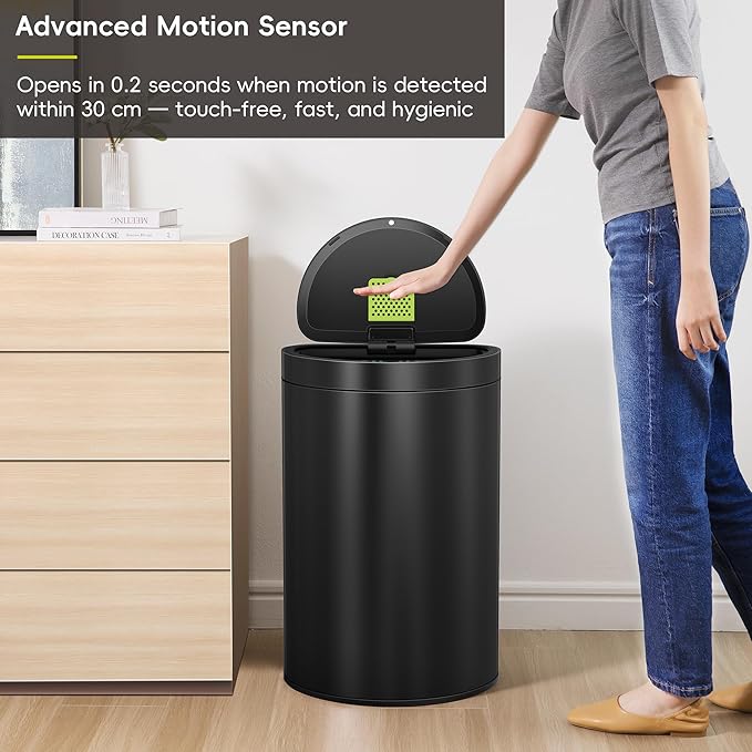 EKO Mirage Semi-Round 47L / 12.4 Gal Motion Sensor Trash Can, Automatic Kitchen Trash Bin with Deodorizer Compartment, Removable Lid & Inner Bucket, Stainless Steel Garbage Can, Matte Black