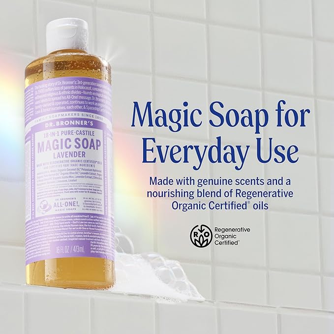 Dr. Bronner's Magic Soap - Pure-Castile Liquid Soap (Lavender, 32 ounce, 2-Pack) -Regenerative Organic Certified Oils, 18-in-1 Uses: Body, Hair, Laundry, Pets & Dishes, Concentrated, Vegan, Non-GMO