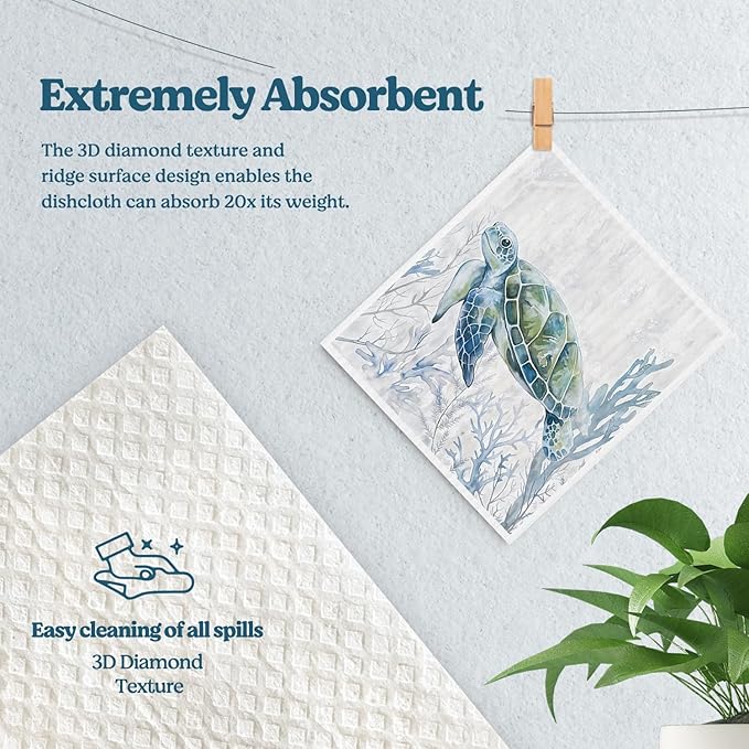 Swedish Dishcloths for Kitchen, Coastal Ocean Turtle Kitchen Dish Towels for Washing Dishes, 4 Pack Reusable Paper Towels Washable, Sponge Cloths for Home Cleaning Baking Cooking Decor