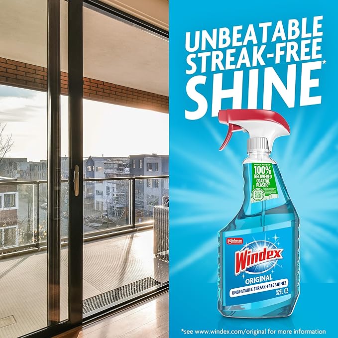 Windex Glass and Window Cleaner Spray Bottle, Packaging Designed to Prevent Leakage and Breaking, Surface Cleaning Spray, Original Blue Scent, 23 Fl Oz (Pack of 2)