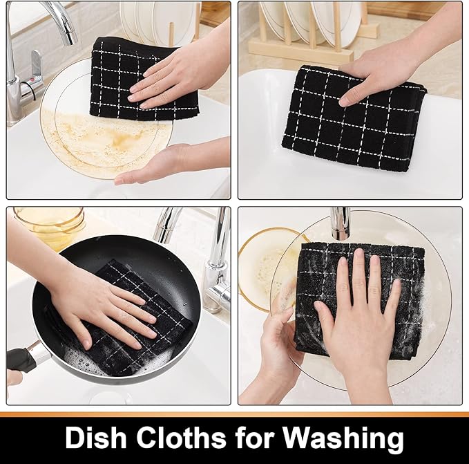 Mordimy 100% Cotton Terry Cloth Dish Cloths, Soft and Absorbent Checkered Dish Towels, Quick Drying Dish Rags for Washing Dishes, 12 Pack, 12 x 12 Inches, Black