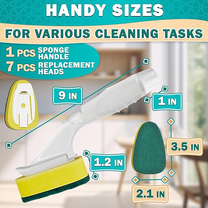 Dish Wand with Soap Dispenser - Dish Sponge with Handle for Quick Dishwashing, High-Density Non-Scratch Cellulose Head, 7 Sponge Refills Included - Leak-Proof Design for Clean & Easy Soap Control